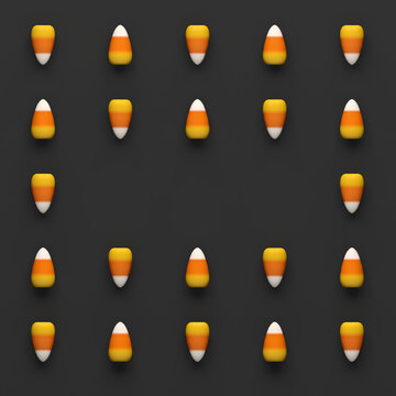 Halloween candy corn pattern on dark background with copy space message. 3D illustration render.
