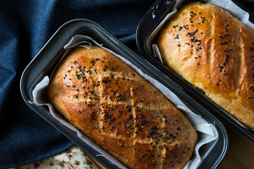 Overhead view of fresh baked breads in baking sheets at home