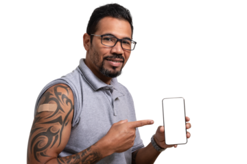 vaccinated man on arm, points to cell phone, green chroma key cell phone screen