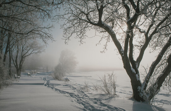 Scenic view of snow covered landscape against sky during foggy weather