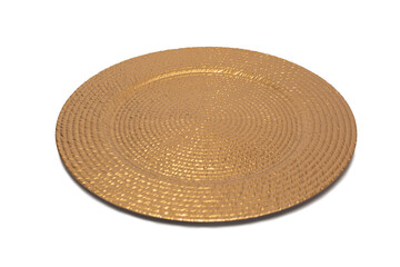 Fototapeta na wymiar Textured decorative gold plate on a white background