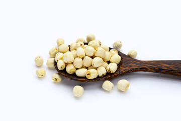 Dried lotus seeds on white background.
