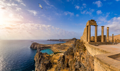 Ruins of Acropolis of Lindos view, Rhodes, Dodecanese Islands, Greek Islands, Greece. Acropolis of...