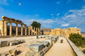 Ruins of Acropolis of Lindos view, Rhodes, Dodecanese Islands, Greek Islands, Greece. Acropolis of Lindos, ancient architecture of Rhodes, Greece.