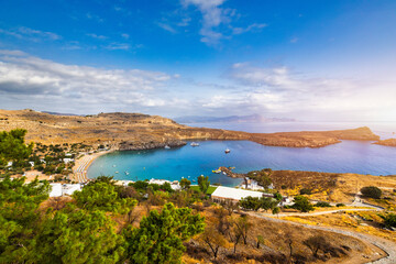 The famous and historical medieval village of Lindos on the Greek island of Rhodes with the...
