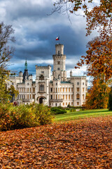 Obraz premium Hluboka Castle, historic chateau in Hluboka nad Vltavou in South Bohemia, Czech Republic. Famous Czech castle Hluboka nad Vltavou, medieval building with beautiful park. Prague, Czechia.