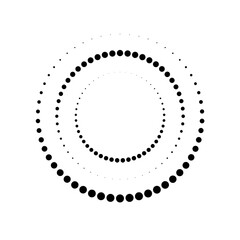 Black halftone dots in circle form. Geometric art. Trendy design element for frame, technology logo, tattoo, sign, symbol, web, prints, posters, template, pattern and abstract background