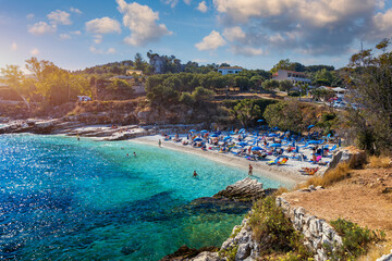 View north east coast with Kanoni and Mpataria beach, Island of Corfu, Greece. Mpataria and Kanoni beach at Corfu Greece during the day.