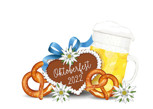 Oktoberfest Gr&uuml;&szlig;e mit Lebkuchen-Herz und Text - Oktoberfest 2022 - mit Edelwei&szlig;, Ma&szlig; Bier und Brezeln,
Vektor Illustration isoliert auf wei&szlig;em Hintergrund
