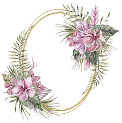 Tropical watercolor floral wedding frame clip art on isolated transparent background, tropical flowers and leaves. Floral hand painted oval wreath png illustration. Bohemian arrangement
