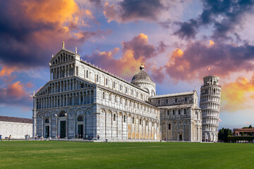 Pisa Cathedral and the Leaning Tower in a sunny day in Pisa, Italy. Pisa Cathedral with Leaning...