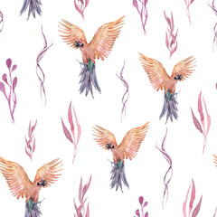 Obraz premium Watercolor exotic foliage tropical leaves and parrot floral seamless pattern isolated on transparent background. Jungle nature illustration. Endless design for fabric, wallpaper, textile