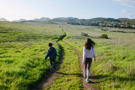 Rear view of siblings walking on trail amidst grassy field against sky during sunny day