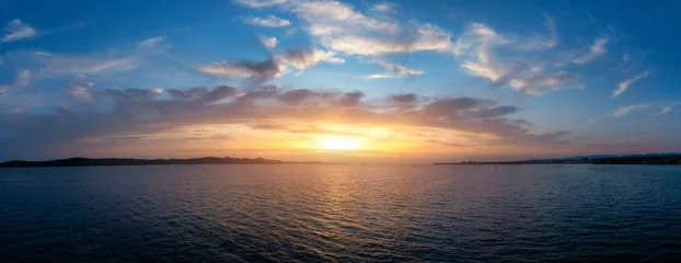 Gardinen Drone flying over sea in a beautiful sunset in Adriatic sea. Aerial drone shoot. Sunrise over the sea. Colorful sunset on the Adriatic Sea, Croatia. © daliu