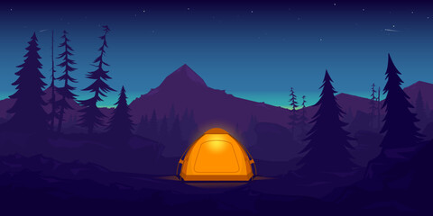 Tourist panoramic landscape. Starry sky, mountains, coniferous forest, rocky terrain. Morning dawn, tourist tent illuminated. Predawn time, night sky and the first ray of sun on the horizon.