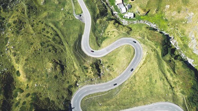 road transportation technology, mobility concept of traffic through the swiss alps, julierpass pass street, shot with drone