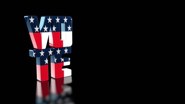 Vote on election day red, white and blue text with stars and stripes on dark reflective background with copy space. 8K illustration render.