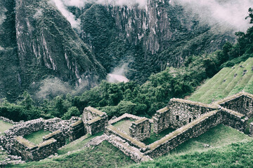 High angle view of old ruins on mountains