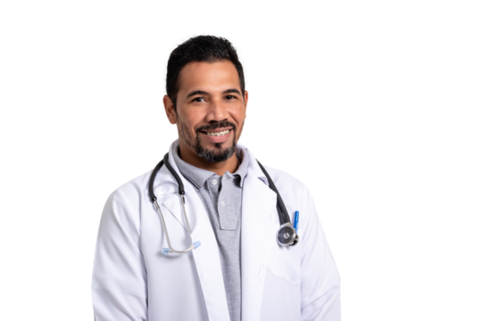 doctor with crossed arms holding a stethoscope, looking at camera