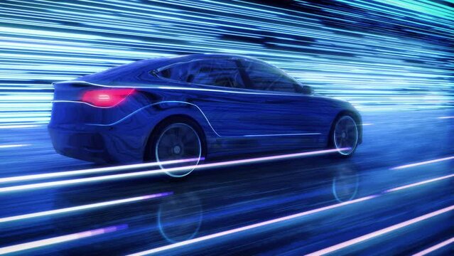 Electric Car Driving at on Road at High Speed. Racing Through a Neon Tunnel. Powerful Acceleration of Supercar At Night. Generic Model.