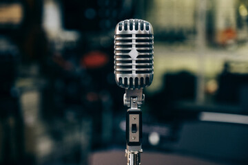 Close-up of microphone on stand in studio