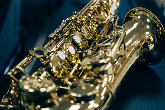 Close-up of saxophone in studio