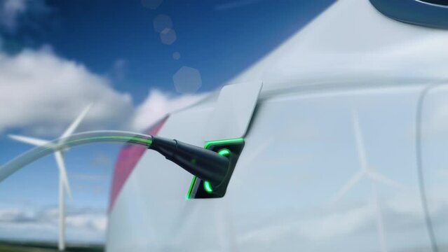 
Realistic Animation of Generic Futuristic Electric Car Charging. EV Technology, Clean Energy. Plugged Automobile. Windmill over Blue Sky. 3D Vehicle Power Charging. E Mobility.