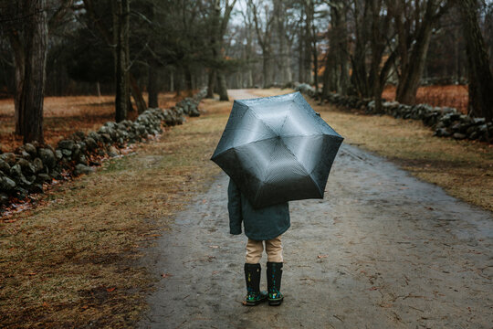 Rear view of boy with umbrella standing on road in park