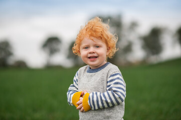 Portrait of a cute toddler boy with curly red hair and happy expression