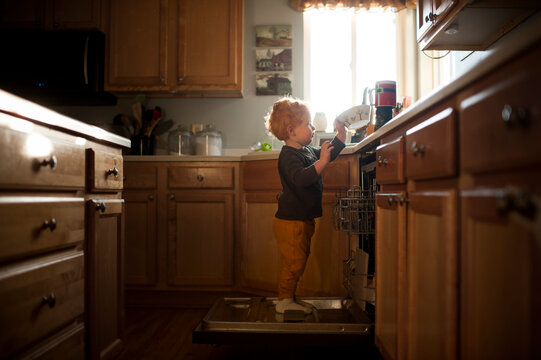 Young boy helps do chores standing on dishwasher putting dishes away