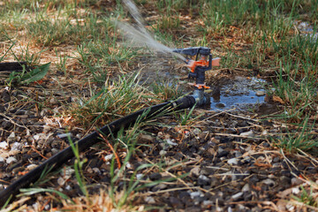 Sprinkler irrigation. Sprinkler system watering lawn in suburb area