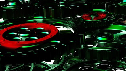 Fototapeta premium Mechanism green metallic gears and cogs at work under white spot lighting background. Industrial machinery. 3D illustration. 3D high quality rendering. 3D CG.