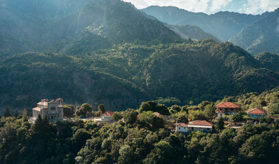 Fototapeta na wymiar Aerial view of small Greek village in the mountain 
