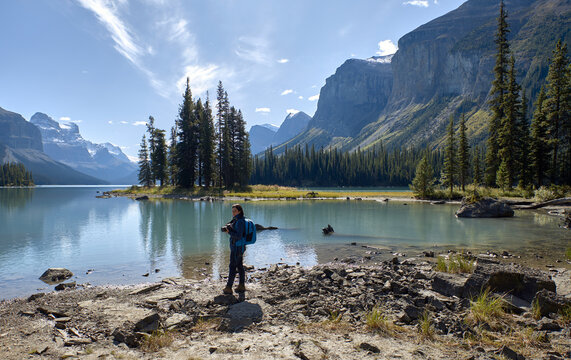 Woman looking the Maligne Lake, Jasper, Alberta, Canada