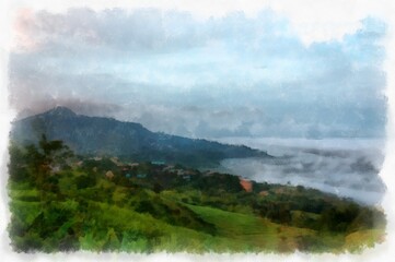 Mountain forest landscape and camping watercolor style illustration impressionist painting.