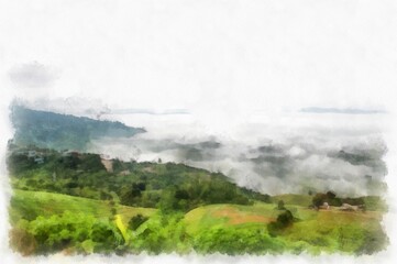 Obraz premium Mountain forest landscape and camping watercolor style illustration impressionist painting.