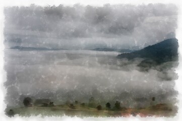 Mountain forest landscape and camping watercolor style illustration impressionist painting.