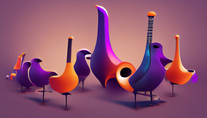wallpaper abstract 3d rendering of pipe birds and musical instruments