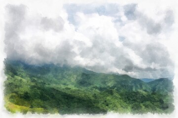 Mountain forest landscape and camping watercolor style illustration impressionist painting.
