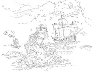 beautiful mermaid looking at the ship in the night sea fairy tale coloring  illustration