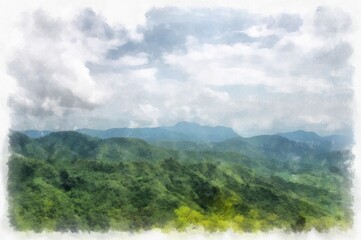 Mountain forest landscape and camping watercolor style illustration impressionist painting.