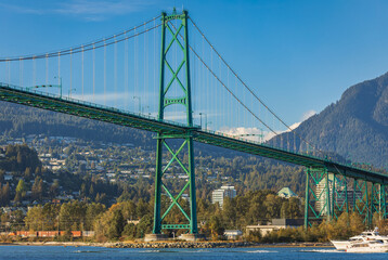 Lions Gate Bridge in summer day, Vancouver, BC, Canada. View of Lions Gate Bridge from Stanley Park