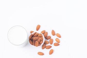 organic almond milk on top view, healthy and clean food on white background, high protein