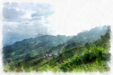 Mountain forest landscape and camping watercolor style illustration impressionist painting.