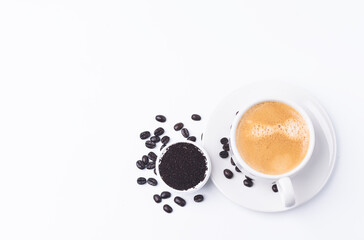 fresh coffee on top view, hot coffee on white background, aroma and creama of coffee