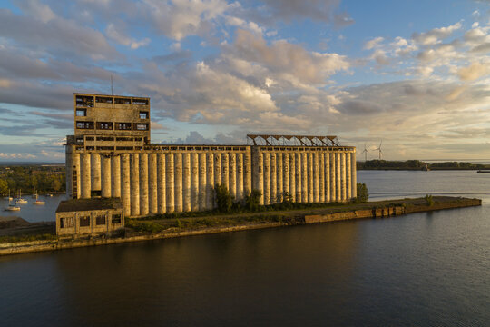 Old Grain Elevators, Wind Turbines, Lake Erie, Buffalo, New York