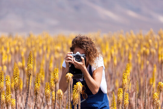 Girl taking picture with film camera in aloe vera field, Fuerteventura