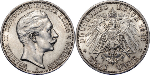 GERMANY PRUSSIA, Wilhelm II, 3 Mark 1911, aUNC - obrazy, fototapety, plakaty