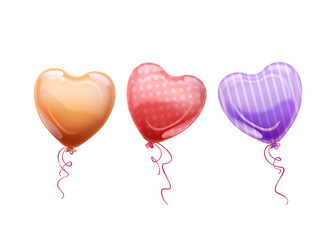 Imprezowe, walentynkowe lub ślubne kolorowe baloniki w kształcie serca. Ilustracja na banery, tapety, ulotki, vouchery upominkowe, kartki urodzinowe, z życzeniami, plakaty.	 - obrazy, fototapety, plakaty