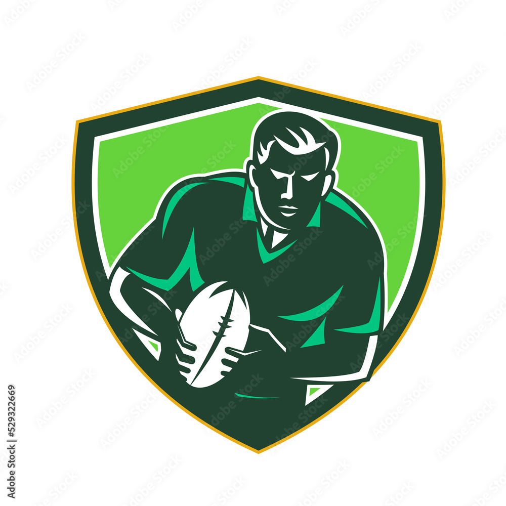 Poster rugby player running passing ball crest retro